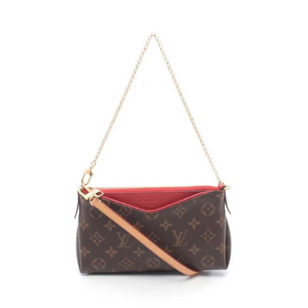 Louis Vuitton Pallas Clutch Handbag Canvas Leather Monogram Brown Red